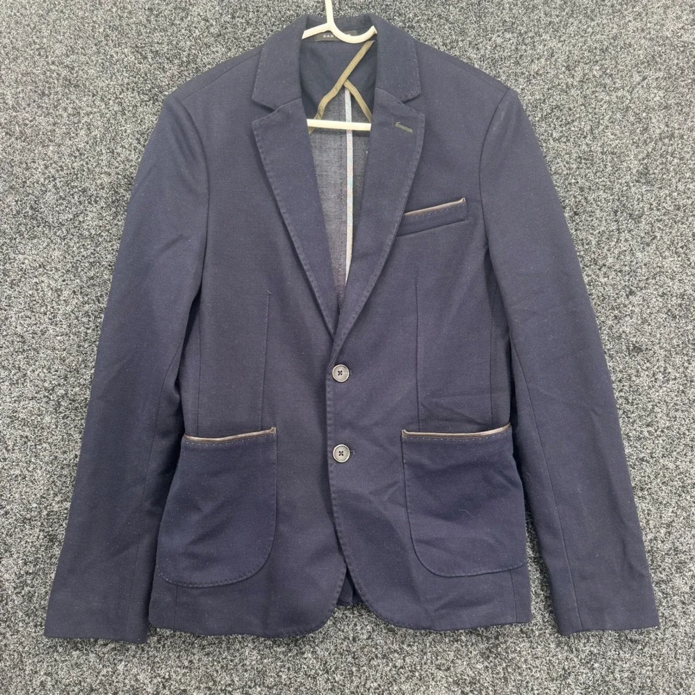Zara Man Navy Blue Two Button Blazer Elbow Patches Faux Leather Trim USA 36